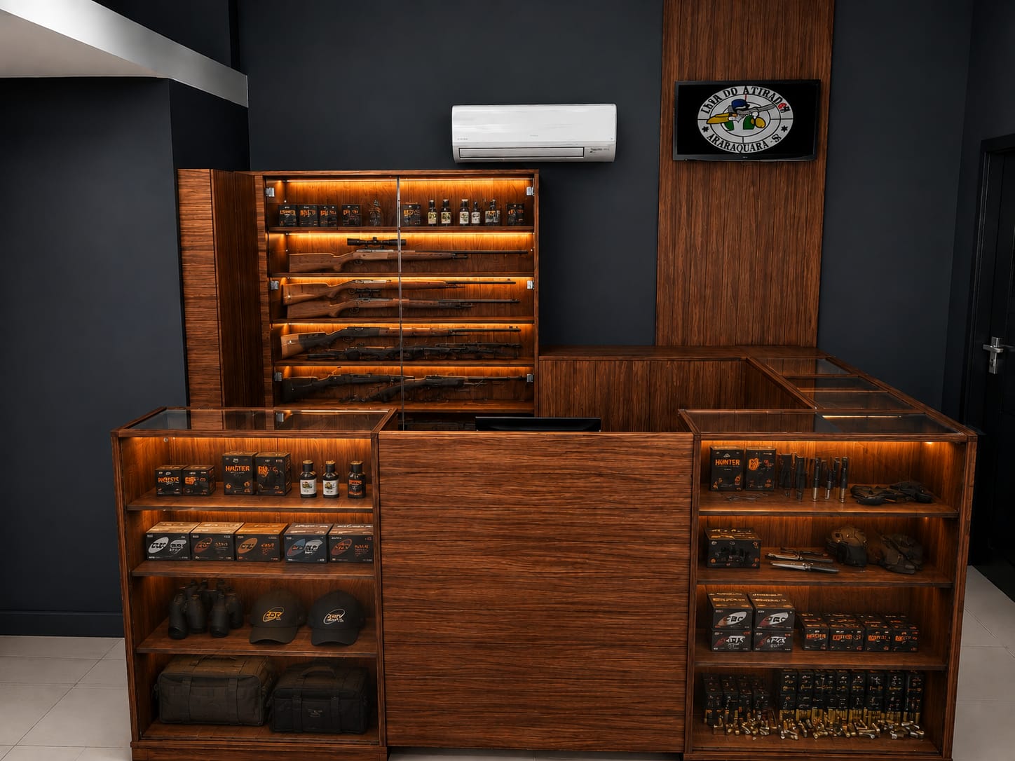 Balcão em U planejado para loja de airsoft, com vitrines e estante de rifles